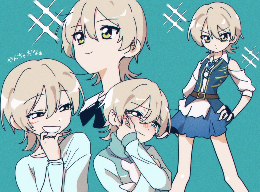 1girl, aqua_background, belt, black_ribbon, blonde_hair, blue_jacket, blue_skirt, blue_vest