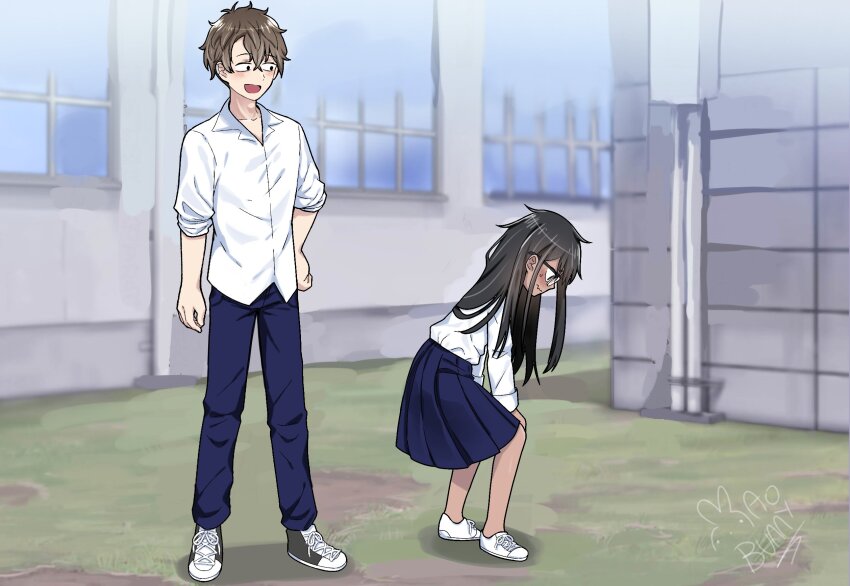 1boy, 1girl, artist_name, bent_over, black_hair, blue_pants, blush, brown_hair