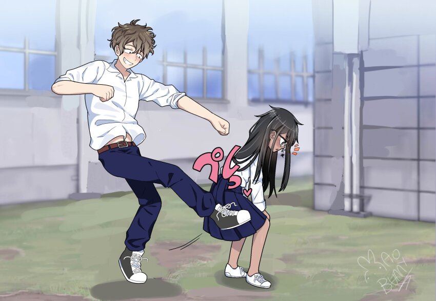 1boy, 1girl, artist_name, bent_over, black_hair, blue_pants, blush, brown_hair, glasses, grin, hachiouji_naoto, highres, ijiranaide_nagatoro-san, kicking, long_hair, mao_bunny, messy_hair, nagatoro_hayase, outdoors, pants, personality_switch, pleated_skirt, role_reversal, scene_parody, school, shirt, shoes, size_difference, skirt, smile, sneakers, sweatdrop, tan, white_shirt