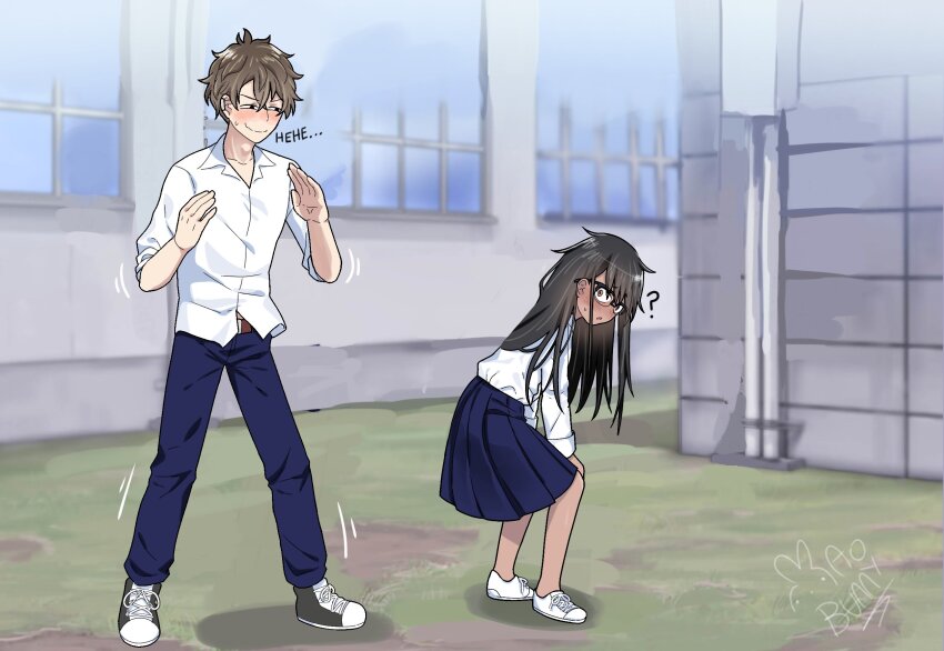 1boy, 1girl, ?, artist_name, bent_over, black_hair, blue_pants, blush