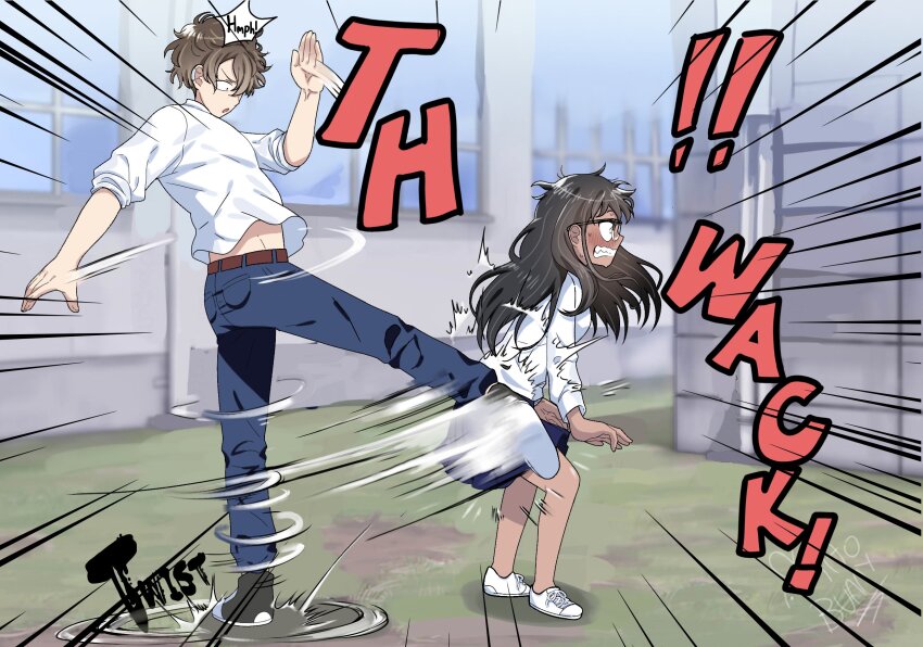 1boy, 1girl, artist_name, bent_over, black_hair, blue_pants, blush, brown_hair, glasses, hachiouji_naoto, highres, ijiranaide_nagatoro-san, kicking, long_hair, mao_bunny, messy_hair, nagatoro_hayase, outdoors, pants, personality_switch, pleated_skirt, role_reversal, scene_parody, school, shirt, shoes, size_difference, skirt, sneakers, sound_effects, sweatdrop, tan, white_shirt
