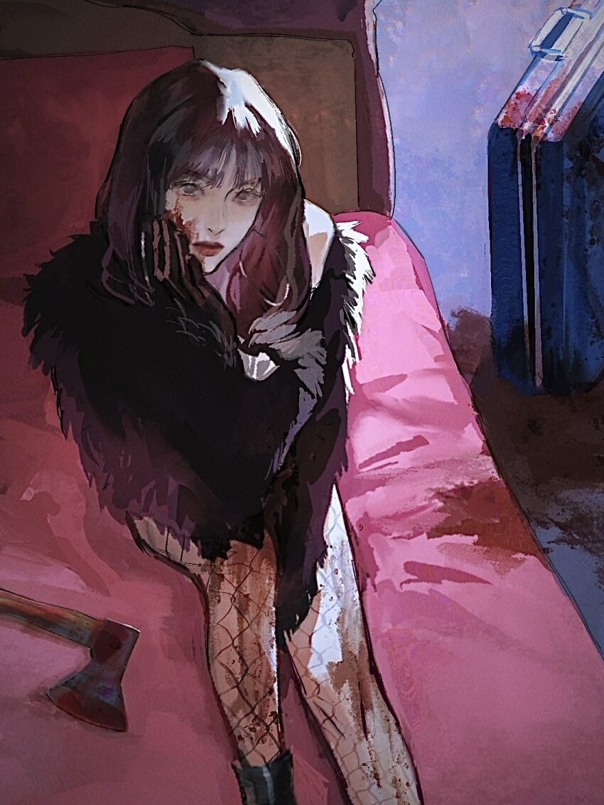 1girl, black_gloves, blood, blood_on_face, blunt_bangs, coat, commentary, dorcas1004, earrings, english_commentary, fishnet_pantyhose, fishnets, fur_coat, gloves, highres, hoop_earrings, irene_(red_velvet), jewelry, k-pop, long_hair, looking_at_viewer, on_bed, pantyhose, real_life, red_velvet_(group), single_bare_shoulder, solo, suitcase