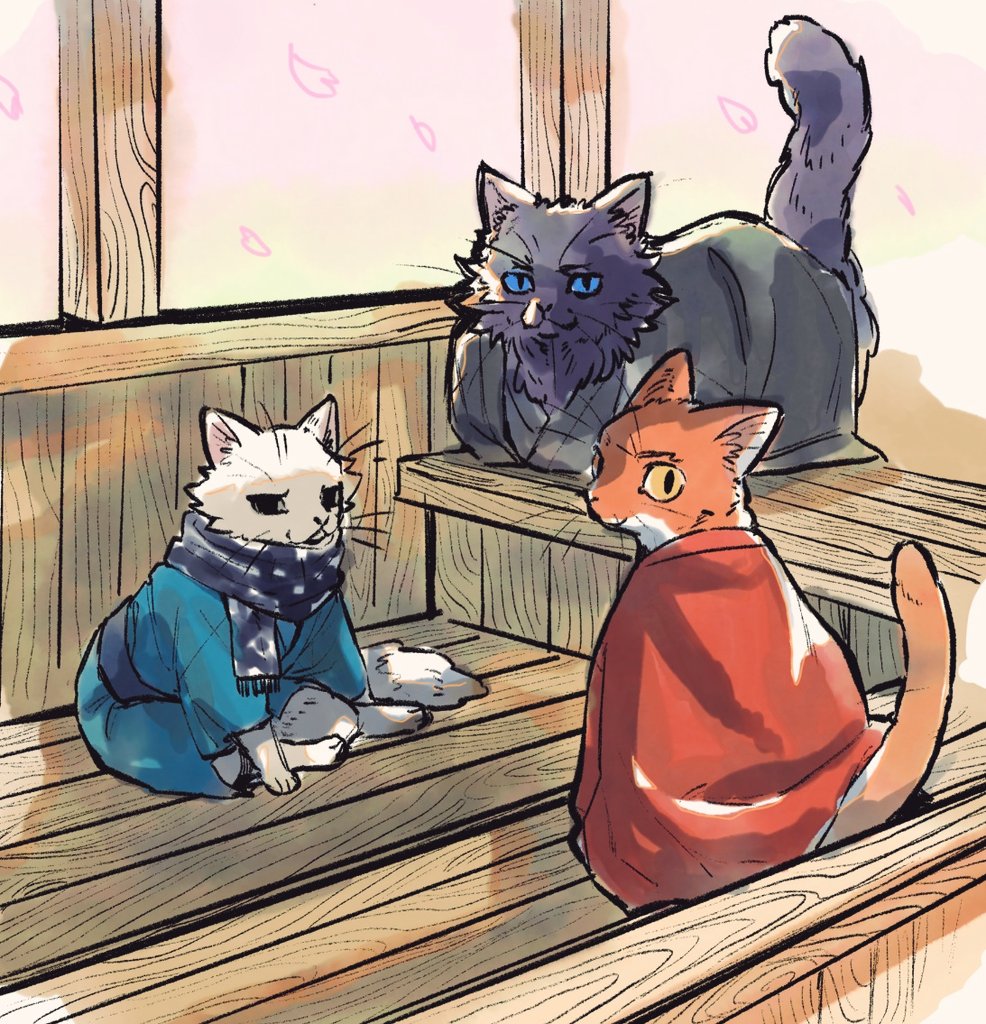 amemasu79, animal, animal_focus, animalization, blue_scarf, character_request, emiya_kiritsugu, emiya_kiritsugu_(assassin), emiya_kiritsugu_(being_in_the_same_boat), emiya_shirou, fate/stay_night, fate/zero, fate_(series), grigori_rasputin_(being_in_the_same_boat)_(fate), grigori_rasputin_(fate), kotomine_kirei, looking_at_viewer, scarf, senji_muramasa_(being_in_the_same_boat)_(fate), senji_muramasa_(fate), table, tail_raised, whistle, wooden_table