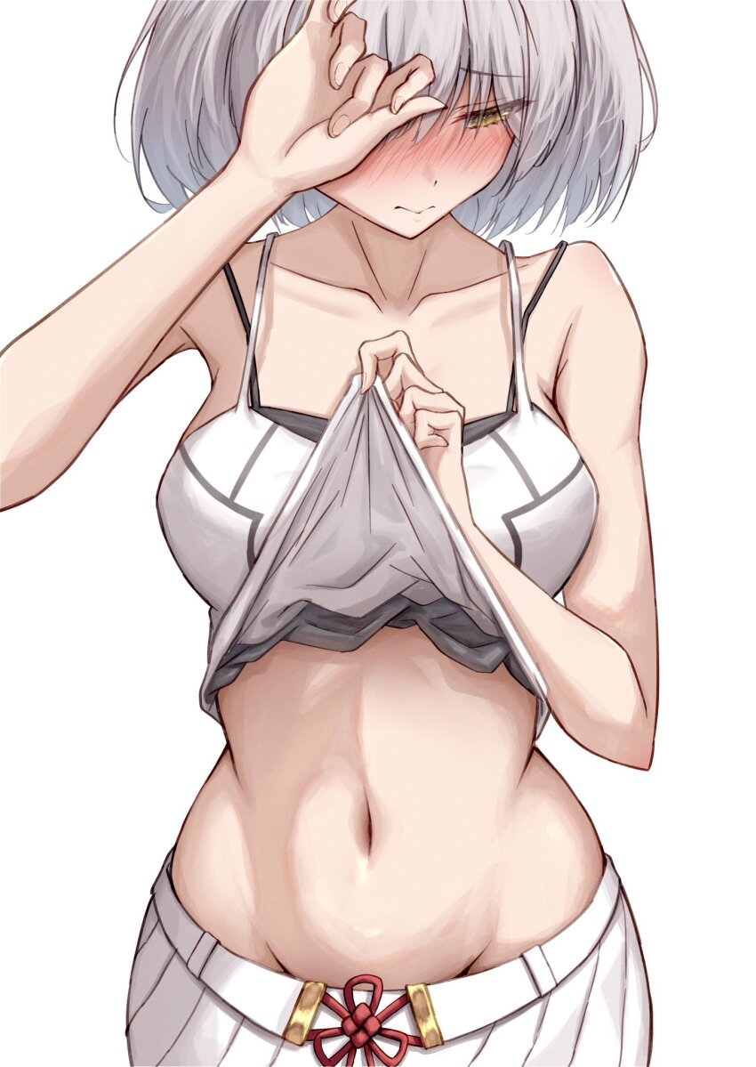 1girl, bare_shoulders, blush, breasts, camisole, camisole_lift, clothes_lift, collarbone