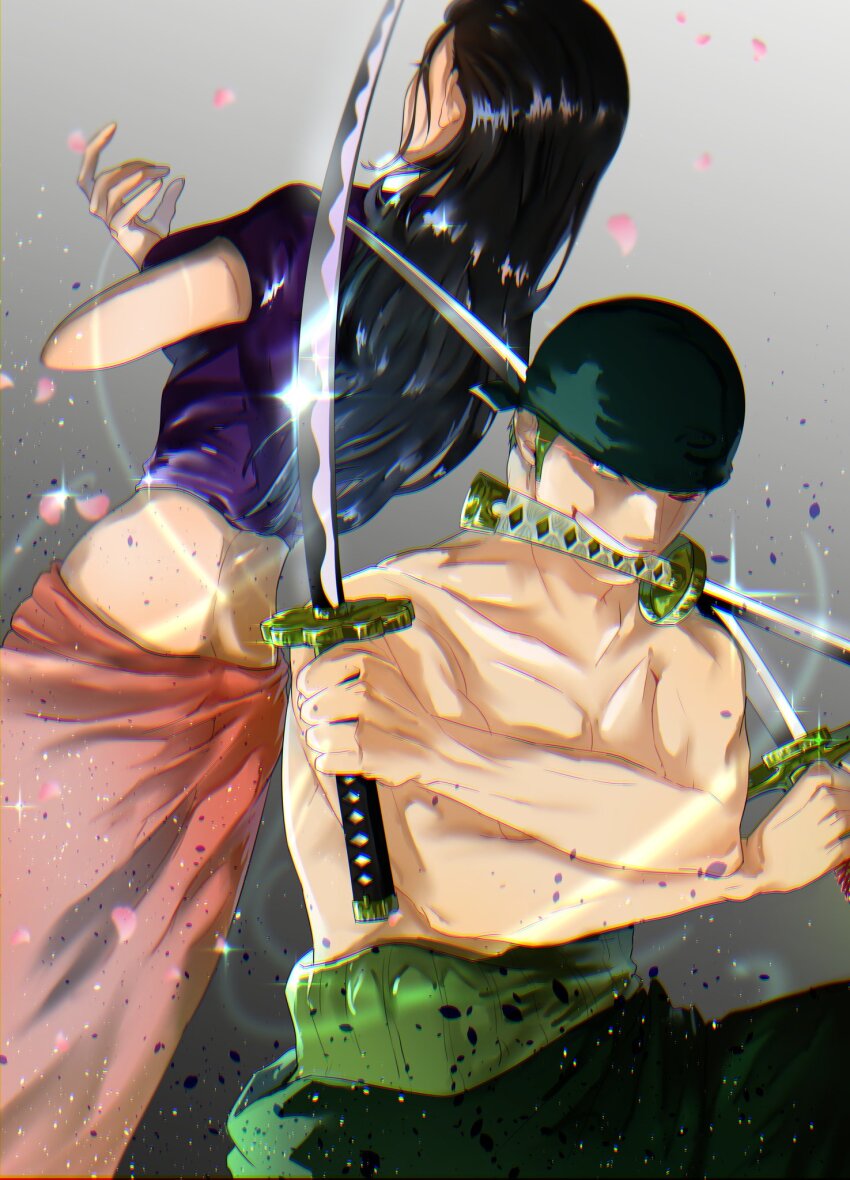 1boy, 1girl, back, bandana, blue_jacket, commentary_request, cropped_jacket, crossed_arms, gradient_background, green_hair, green_kimono, haramaki, highres, holding, holding_sword, holding_weapon, jacket, japanese_clothes, kimono, long_hair, looking_to_the_side, nico_robin, one_eye_closed, one_piece, petals, pink_petals, pink_sarong, piry, roronoa_zoro, sarong, scar, scar_across_eye, scar_on_face, short_sleeves, sideburns, sparkle, sword, topless_male, weapon, weapon_in_mouth