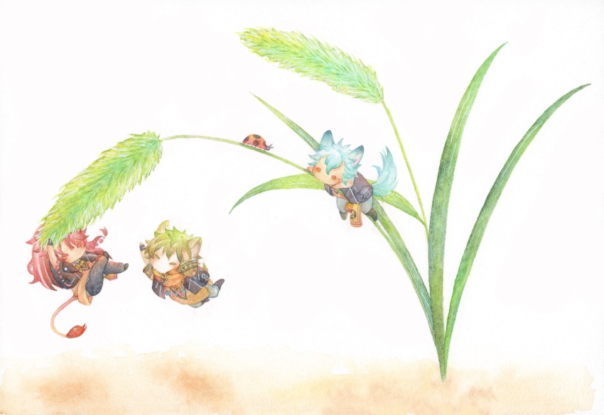 3boys, animal_ears, blue_hair, bug, cattail, chibi, falling, full_body, green_hair, hanging, highres, hyena_boy, hyena_ears, hyena_tail, insect, jack_howl, kirakira_huuuki, ladybug, leona_kingscholar, lion_boy, lion_ears, lion_tail, long_hair, male_focus, mini_person, miniboy, multiple_boys, orange_eyes, painting_(medium), plant, red_hair, ruggie_bucchi, short_hair, simple_background, sleeveless, sleeveless_jacket, tail, traditional_media, twisted_wonderland, watercolor_(medium), white_background, wolf_boy, wolf_ears, wolf_tail