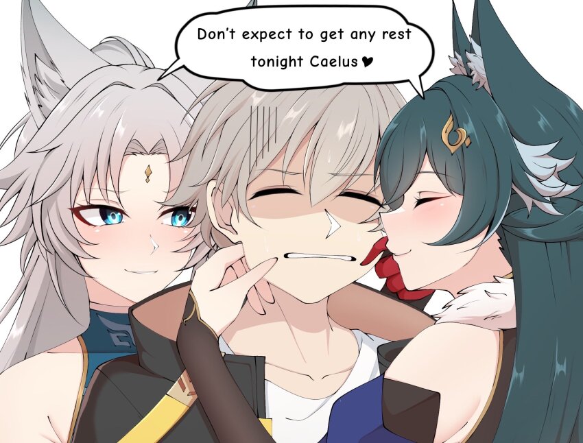 1boy, 2girls, animal_ear_fluff, animal_ears, assertive_female, bare_shoulders, black_jacket, blue_eyes