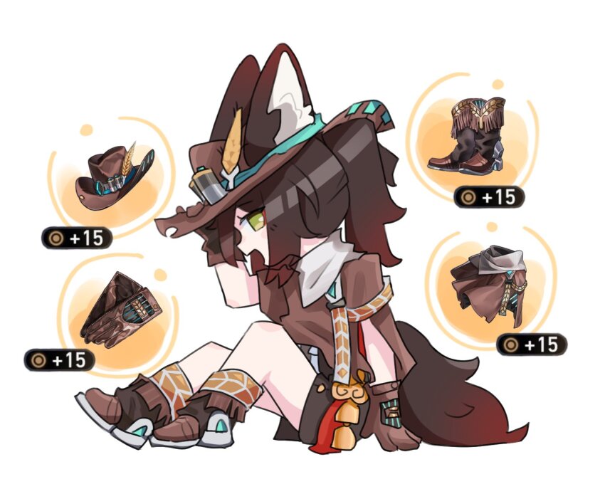 1girl, alternate_costume, animal_ear_fluff, animal_ears, boots, brown_boots, brown_gloves, brown_hair, brown_hat, brown_shirt, chibi, commentary, cowboy_boots, cowboy_hat, cowgirl_(western), fox_ears, fox_girl, fox_tail, from_side, gameplay_mechanics, gloves, green_eyes, hand_up, hashtag-only_commentary, hat, highres, honkai:_star_rail, honkai_(series), ilo_qll, knees_up, leather, leather_gloves, open_mouth, poncho, ponytail, shirt, simple_background, sitting, solo, tail, tingyun_(honkai:_star_rail), white_background