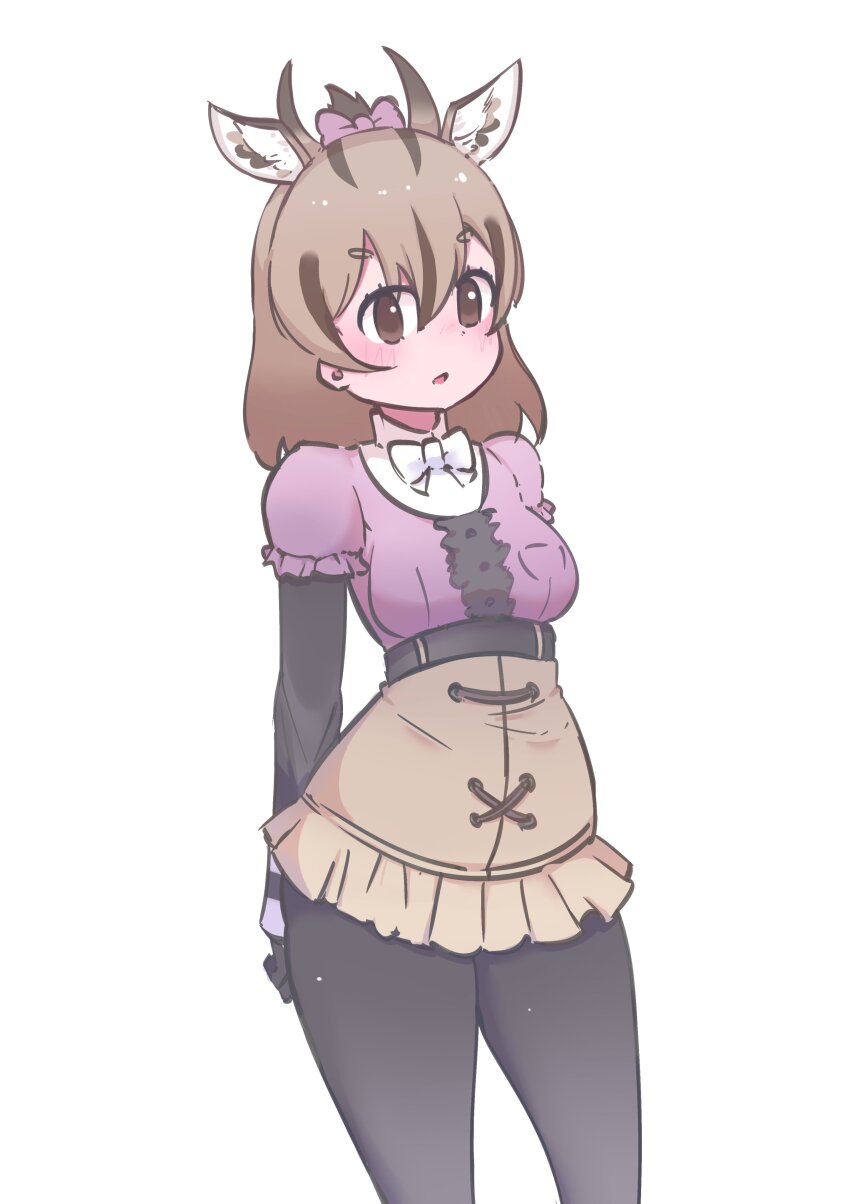 1girl, absurdres, antelope_ears, antelope_horns, arms_behind_back, black_fur, black_gloves, black_pantyhose