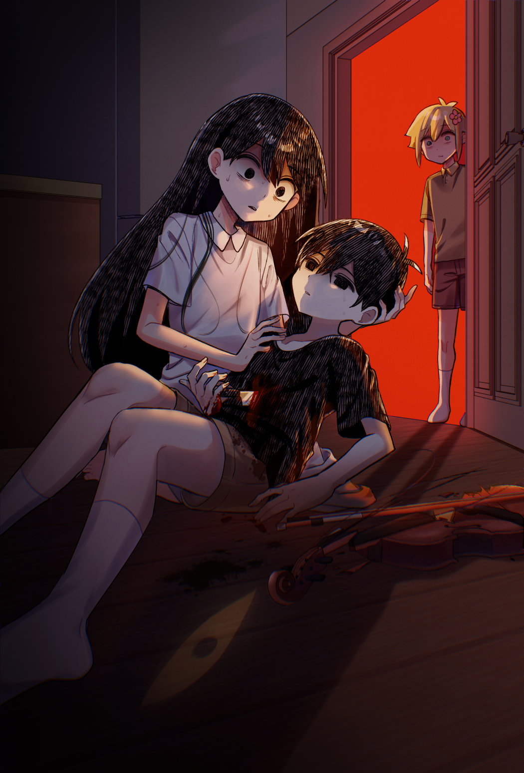 1girl, 2boys, alternate_universe, antenna_hair, basil_(faraway)_(omori), basil_(omori), black_eyes, black_shirt, blonde_hair, blood, blood_on_clothes, blue_eyes, bow_(music), brown_shorts, collarbone, collared_shirt, flower, green_shirt, hair_flower, hair_ornament, highres, instrument, knife, knife_in_chest, long_hair, mari_(faraway)_(omori), mari_(omori), multiple_boys, omori, shirt, short_hair, short_sleeves, shorts, socks, something_(omori), spoilers, suicide, sunny_(omori), t-shirt, violin, when_you_see_it, white_shirt, white_socks, yutsu
