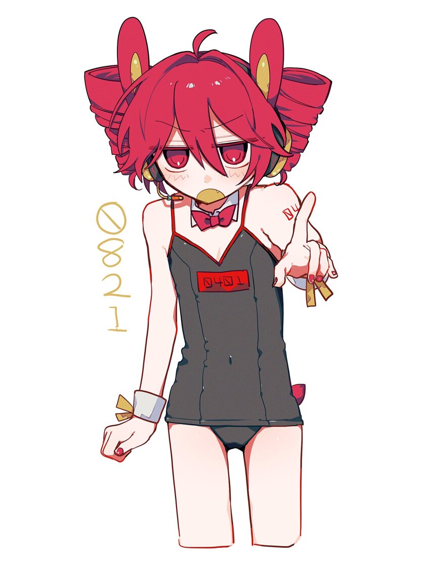 1girl, animal_ears, arm_at_side, arm_tattoo, bare_shoulders, black_one-piece_swimsuit, blush, bow, bowtie, bunny_day, commentary, covered_navel, cropped_legs, detached_collar, drill_hair, fake_animal_ears, fake_tail, fang, flat_chest, hair_between_eyes, headphones, headset, highres, index_finger_raised, kajuu_(maimai_maimaa), kasane_teto, looking_at_viewer, microphone, old_school_swimsuit, one-piece_swimsuit, open_mouth, playboy_bunny_swimsuit, rabbit_ears, red_eyes, red_hair, red_nails, school_swimsuit, short_hair, simple_background, solo, swimsuit, tail, tattoo, translated, twin_drills, utau, v-shaped_eyebrows, white_background, wrist_cuffs