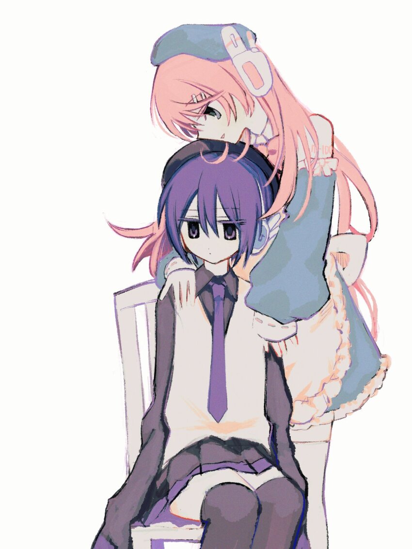 2girls, beret, black_hat, black_shirt, black_skirt, black_thighhighs, chair, closed_mouth