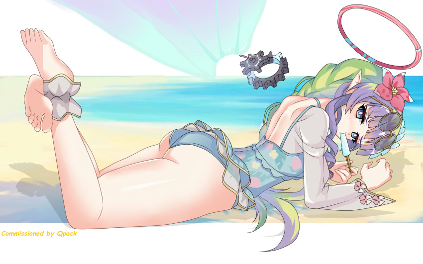 1girl, ameth_(princess_connect!), ameth_(summer)_(princess_connect!), aqua_one-piece_swimsuit, ass, barefoot, beach, blue_eyes