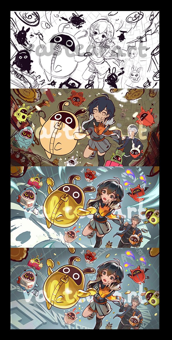 1boy, 1girl, amillion_(zenless_zone_zero), artist_name, avocaboo_(zenless_zone_zero), belle_(zenless_zone_zero), black_hair, black_jacket