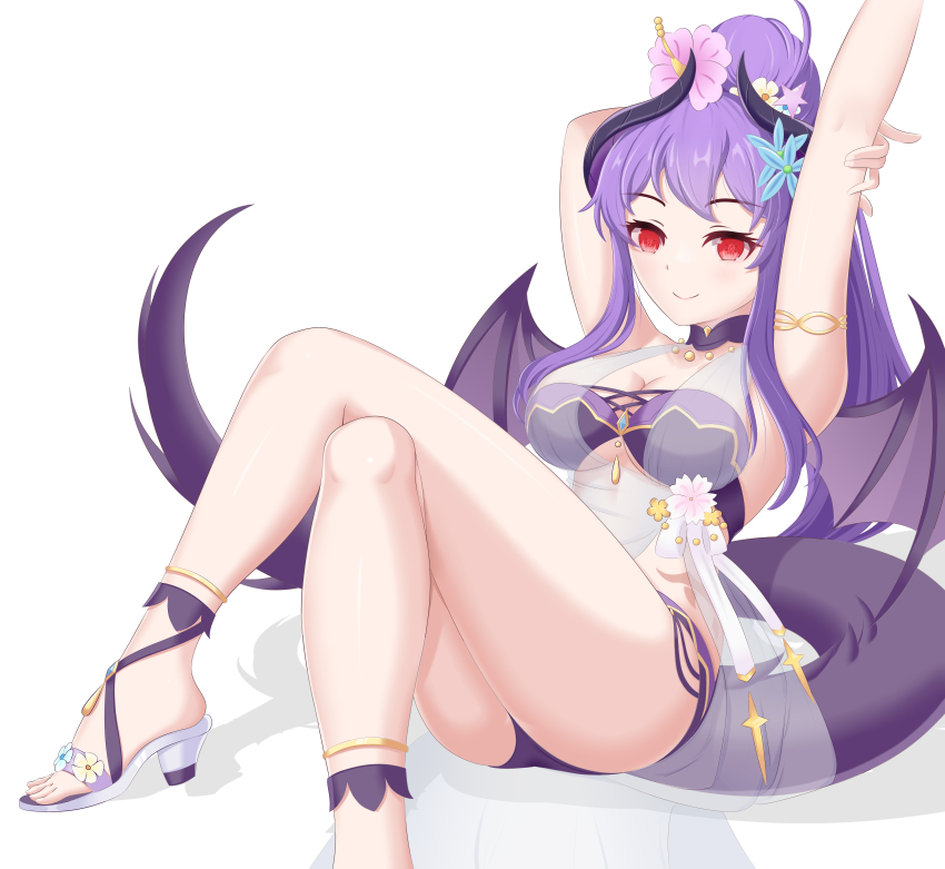 1girl, absurdres, anklet, arm_behind_head, arm_up, armlet, bikini, black_horns, blue_flower, blue_gem, breasts, cleavage, closed_mouth, collar, crossed_legs, dragon_girl, dragon_horns, dragon_tail, dragon_wings, flower, gem, gold_anklet, gold_armlet, hair_flower, hair_ornament, high_ponytail, highres, homare_(princess_connect!), homare_(summer)_(princess_connect!), horns, jewelry, large_breasts, long_hair, pink_flower, ponytail, princess_connect!, purple_bikini, purple_collar, purple_hair, purple_horns, purple_tail, purple_wings, red_eyes, sandals, sarong, see-through_clothes, see-through_sarong, sidelocks, simple_background, sitting, smile, solo, swimsuit, tail, unusually_open_eyes, white_background, white_sandals, white_sarong, wings, winterline