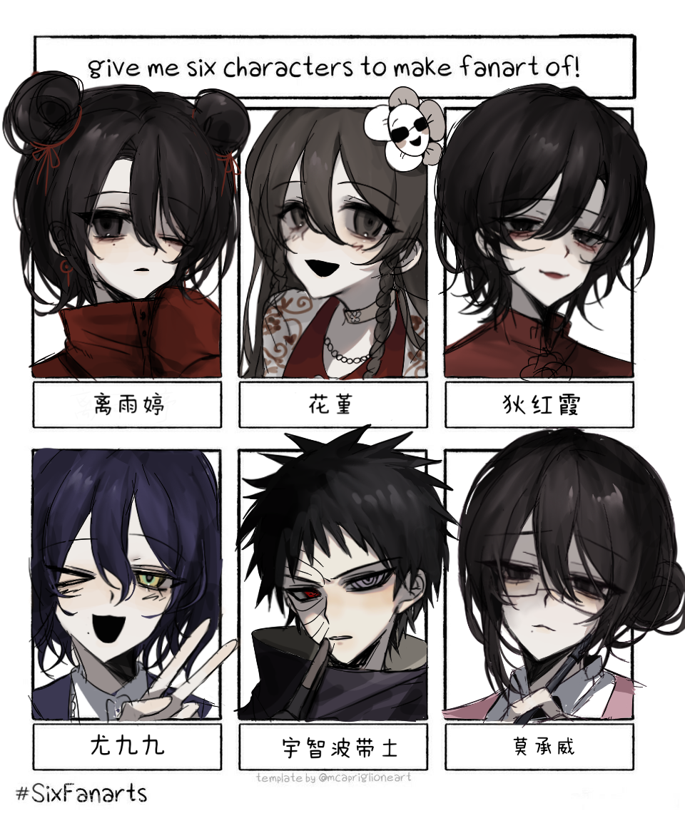 >_o, 3boys, 3girls, :3, black_eyes, black_hair, black_shirt, blue_hair