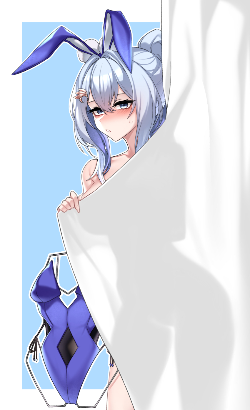 1girl, absurdres, animal_ears, blue_background, blue_eyes, blue_hair, blush, clothes_hanger, commentary_request, cowboy_shot, curtains, dogs_(dlrkdejr26), fake_animal_ears, girls'_frontline, girls'_frontline_neural_cloud, highres, holding, holding_clothes_hanger, korean_commentary, leotard, looking_at_viewer, medium_hair, official_alternate_costume, official_alternate_hairstyle, parted_lips, purple_leotard, rabbit, side-tie_leotard, sidelocks, simple_background, solo, sweatdrop, swimsuit_hanger, two-tone_background, undine_(neural_cloud), unworn_leotard, white_background