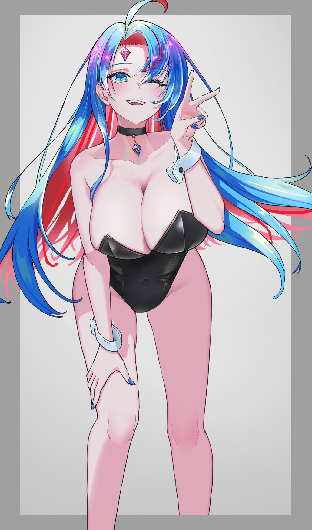 1girl, a_(98898628), ahoge, black_choker, black_leotard, blue_hair, breasts, choker, cleavage, colored_inner_hair, covered_navel, forehead_jewel, highleg, highleg_leotard, highres, large_breasts, leotard, long_hair, multicolored_hair, nail_polish, playboy_bunny, red_hair, shironeko_project, solo, strapless, strapless_leotard, vega_(shironeko_project), wrist_cuffs