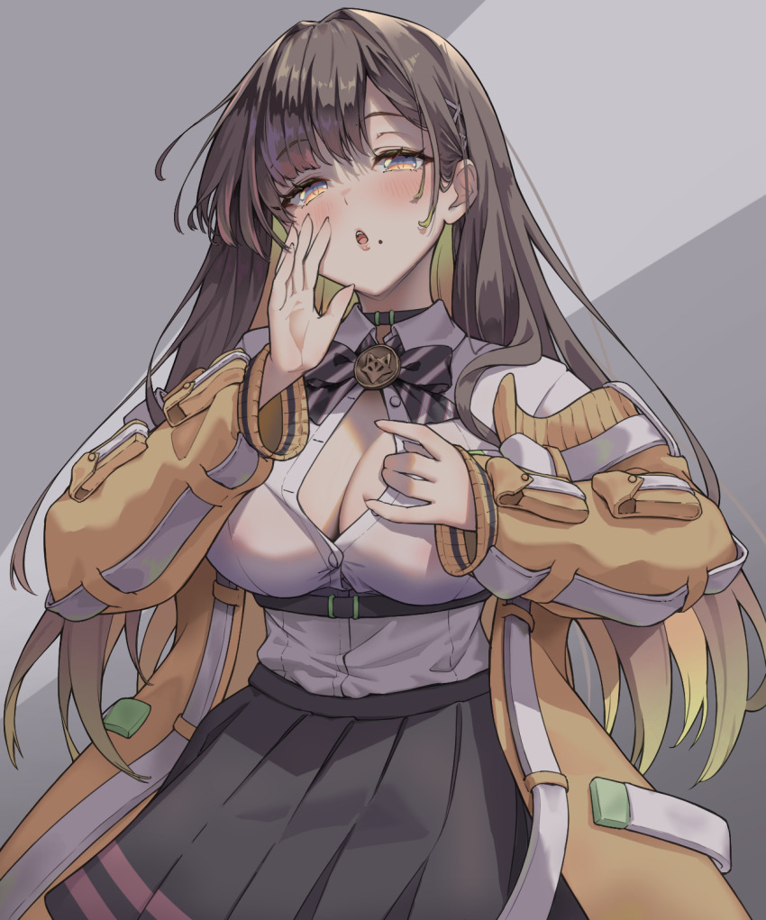 1girl, a_(98898628), bow, breasts, brown_hair, cleavage, dalcyon_(shironeko_project), gradient_hair, highres, jacket, large_breasts, long_hair, mole, mole_under_mouth, multicolored_eyes, multicolored_hair, open_clothes, open_jacket, open_mouth, pleated_skirt, shironeko_project, skirt, solo, unbuttoned