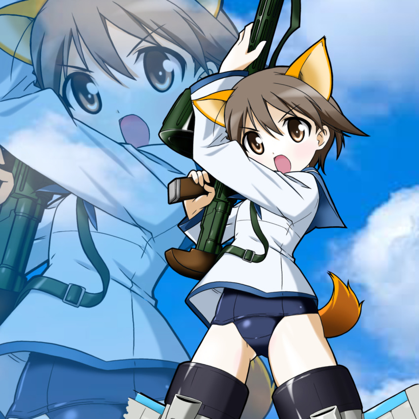 1girl, animal_ears, blue_sailor_collar, brown_eyes, brown_hair, commentary_request, cowboy_shot, dog_ears, dog_girl, dog_tail, gun, hair_between_eyes, heavy_machine_gun, highres, holding, holding_gun, holding_weapon, light_blush, long_sleeves, looking_at_viewer, machine_gun, miyafuji_yoshika, old_school_swimsuit, open_mouth, sailor_collar, school_swimsuit, shirt, short_hair, solo, strike_witches, striker_unit, swimsuit, tail, weapon, white_shirt, world_witches_series, yuunaduse, zoom_layer