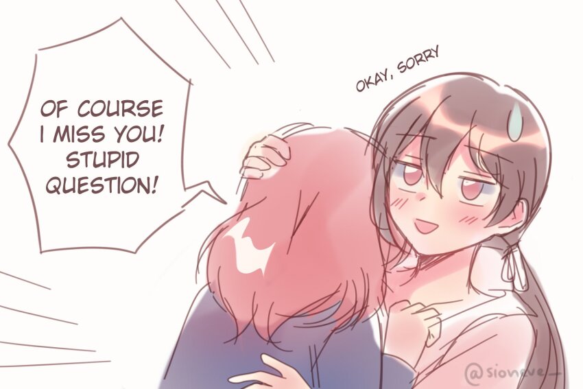 2girls, alt_text, black_hair, blazer, blue_jacket, blush, collarbone, commentary, english_commentary, english_text, hair_between_eyes, hair_ribbon, hand_on_another's_head, highres, jacket, jitome, long_hair, long_sleeves, love_live!, love_live!_school_idol_project, low_ponytail, medium_hair, multiple_girls, nishikino_maki, open_mouth, otonokizaka_school_uniform, pink_shirt, ponytail, red_eyes, red_hair, ribbon, school_uniform, shirt, simple_background, sioneve, speech_bubble, sweatdrop, twitter_username, upper_body, white_background, white_ribbon, yazawa_nico, yuri