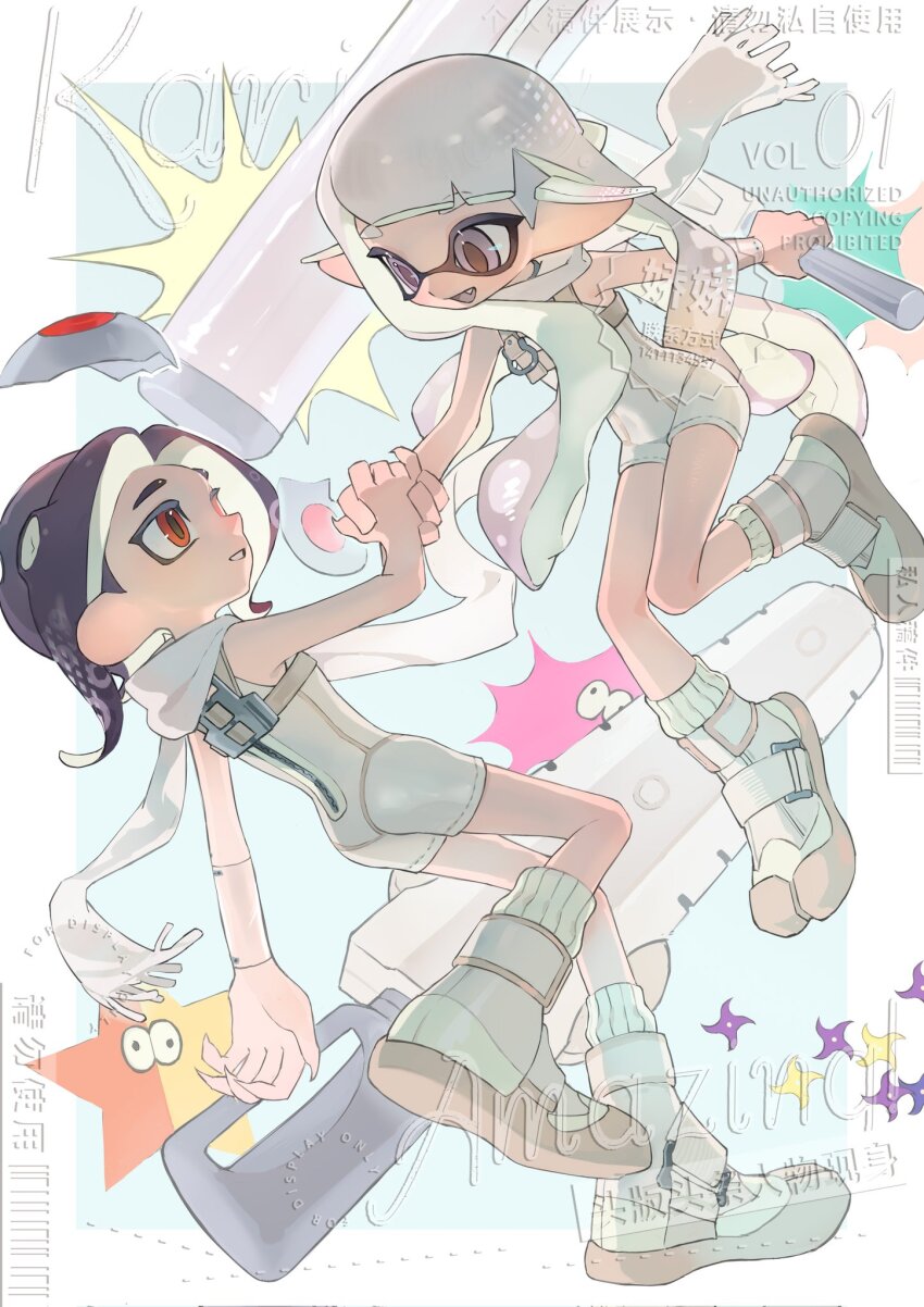 2girls, agent_8_(splatoon), black_hair, bodysuit, border, grey_hair, handshake, highres, inkling, inkling_girl, inkling_player_character, jelleton, long_hair, looking_at_another, multiple_girls, nintendo, octoling, octoling_girl, octoling_player_character, orange_eyes, order_roller_(splatoon), order_splatana_(splatoon), p-pepper, parallel_canon_(splatoon), scarf, sleeveless, sleeveless_bodysuit, splatoon_(series), splatoon_3, splatoon_3:_side_order, white_bodysuit, white_border, white_scarf