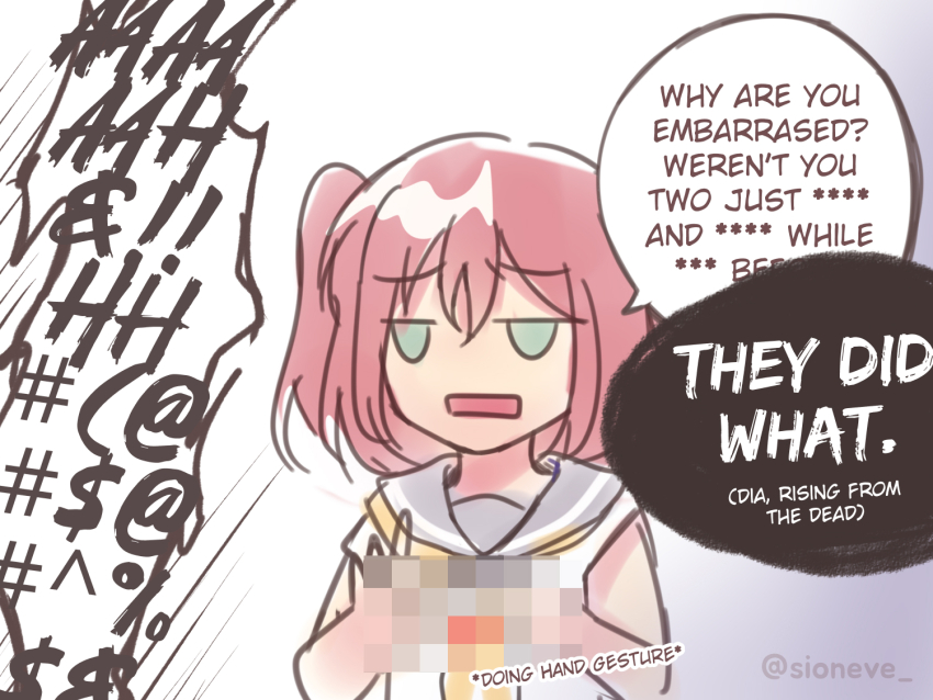 1girl, alt_text, aqua_eyes, censored, censored_hands, censored_text, commentary, english_commentary