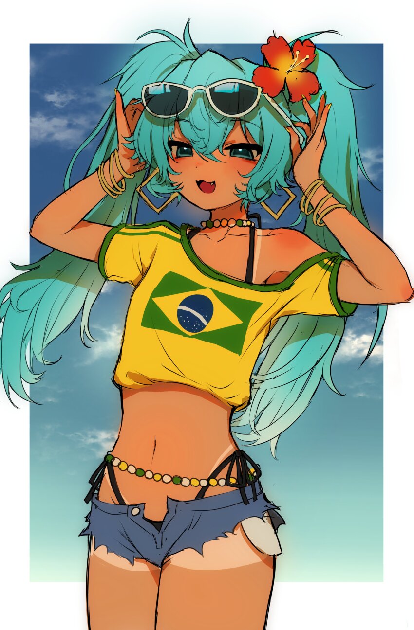 1girl, :3, :d, absurdres, adjusting_eyewear, aqua_eyes, aqua_hair, bead_choker, beads, belly_chain, bikini, bikini_tan, bikini_under_clothes, black_bikini, blue_shorts, blue_sky, border, bracelet, brazilian_flag, brazilian_flag_print, brazilian_miku, cloud, collarbone, commentary, cowboy_shot, crop_top, cropped_shirt, cutoffs, dark-skinned_female, dark_skin, denim, denim_shorts, earrings, english_commentary, eyewear_on_head, fang, flag_print, flat_chest, flower, gold_bracelet, gold_earrings, gradient_sky, green_trim, hair_between_eyes, hair_flower, hair_ornament, halterneck, hands_up, hatsune_miku, hibiscus, highleg, highleg_bikini, highres, hoop_earrings, jewelry, long_hair, looking_at_viewer, midriff, multiple_bracelets, narrowed_eyes, navel, necklace, off_shoulder, open_fly, open_mouth, outdoors, outside_border, red_flower, shirt, short_shorts, shorts, shorts_tan, side-tie_bikini_bottom, single_bare_shoulder, sky, slepp, smile, smug, solo, standing, string_bikini, string_of_pearls, sunglasses, swimsuit, t-shirt, tan, tanline, twintails, vocaloid, white-framed_eyewear, white_border, wind, yellow_shirt