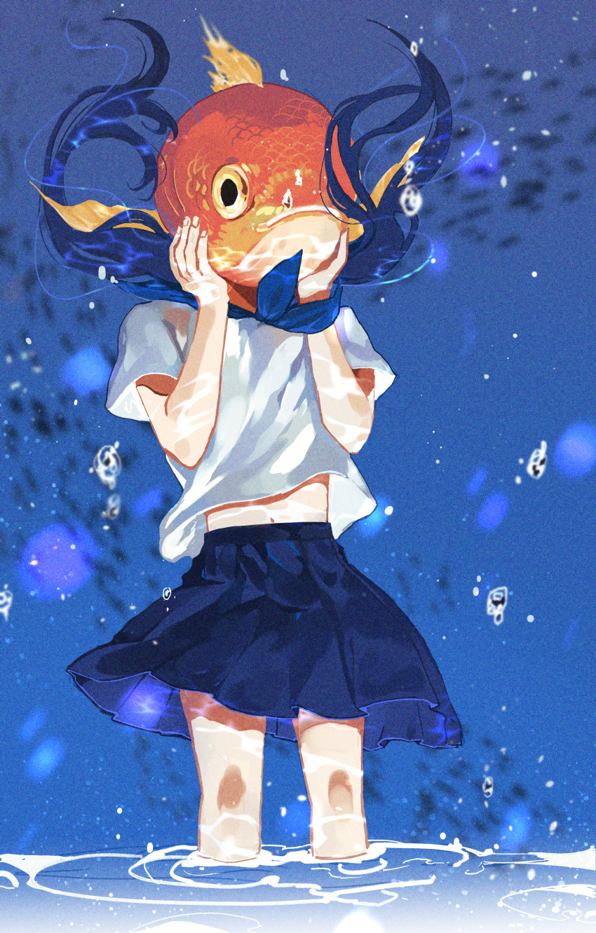 1girl, absurdres, air_bubble, black_hair, blonde_hair, blue_background, blue_sky, bubble, commentary_request, fins, fish, fish_girl, fish_head, highres, in_water, midriff_peek, monster_girl, navel, nawooteto, orange_scales, original, pleated_skirt, school, school_of_fish, shirt, skirt, sky, solo, underwear, white_shirt, yellow_eyes