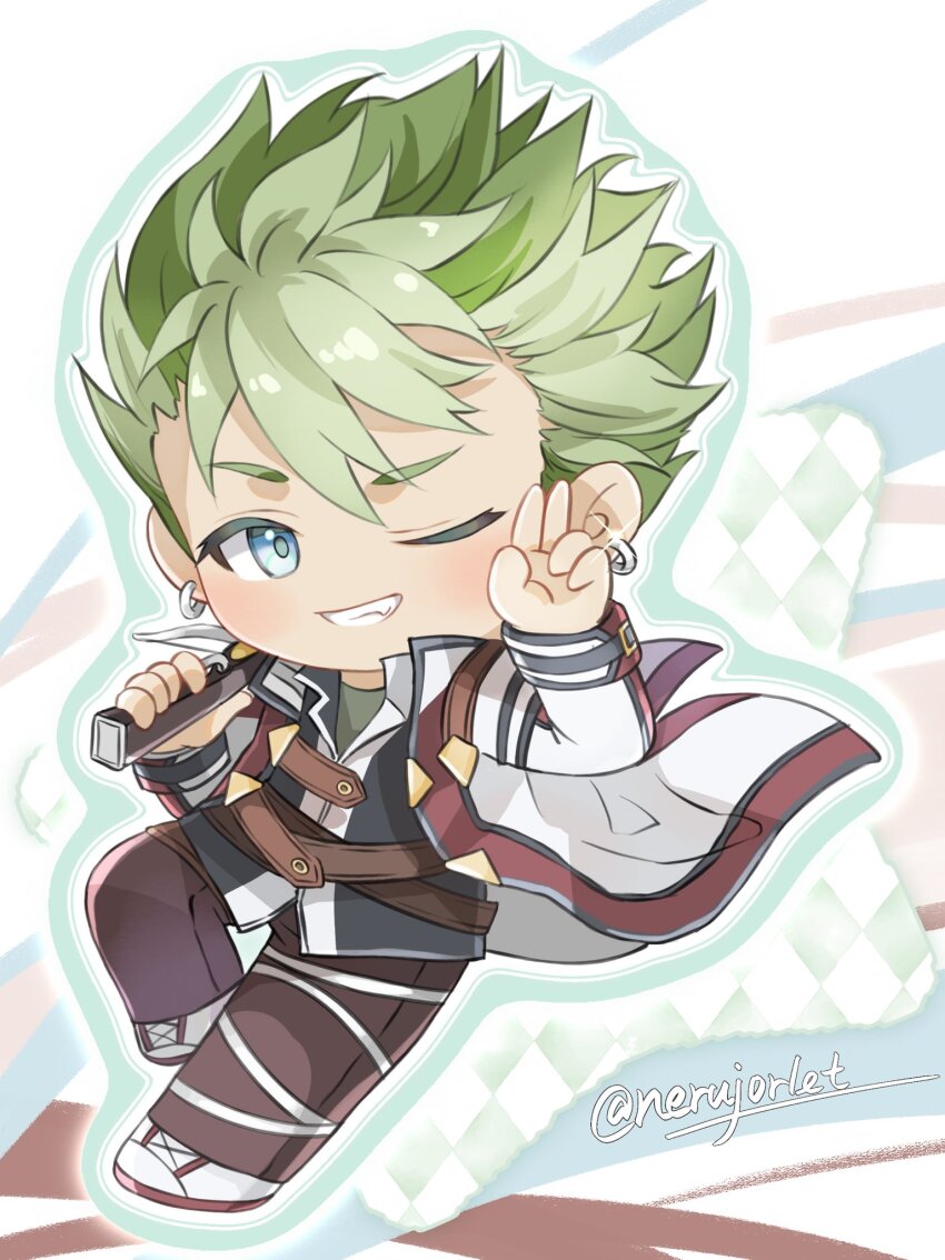 1boy, abstract_background, artist_name, belt, blue_eyes, bow_(weapon), chibi, chibi_only