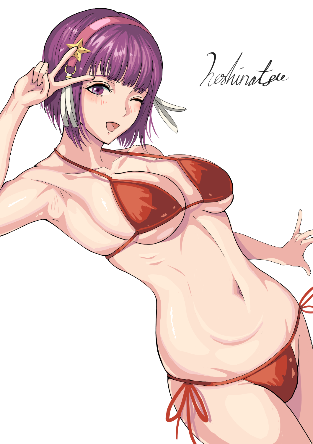 1girl, artist_name, asamiya_athena, bikini, breasts, cleavage, cowboy_shot, hair_ornament, hairband, highres, hoshinatsue, medium_breasts, one_eye_closed, open_mouth, pink_hairband, purple_eyes, purple_hair, short_hair, side-tie_bikini_bottom, simple_background, smile, solo, star_(symbol), star_hair_ornament, swimsuit, the_king_of_fighters, the_king_of_fighters_xv, v, v_over_eye, white_background