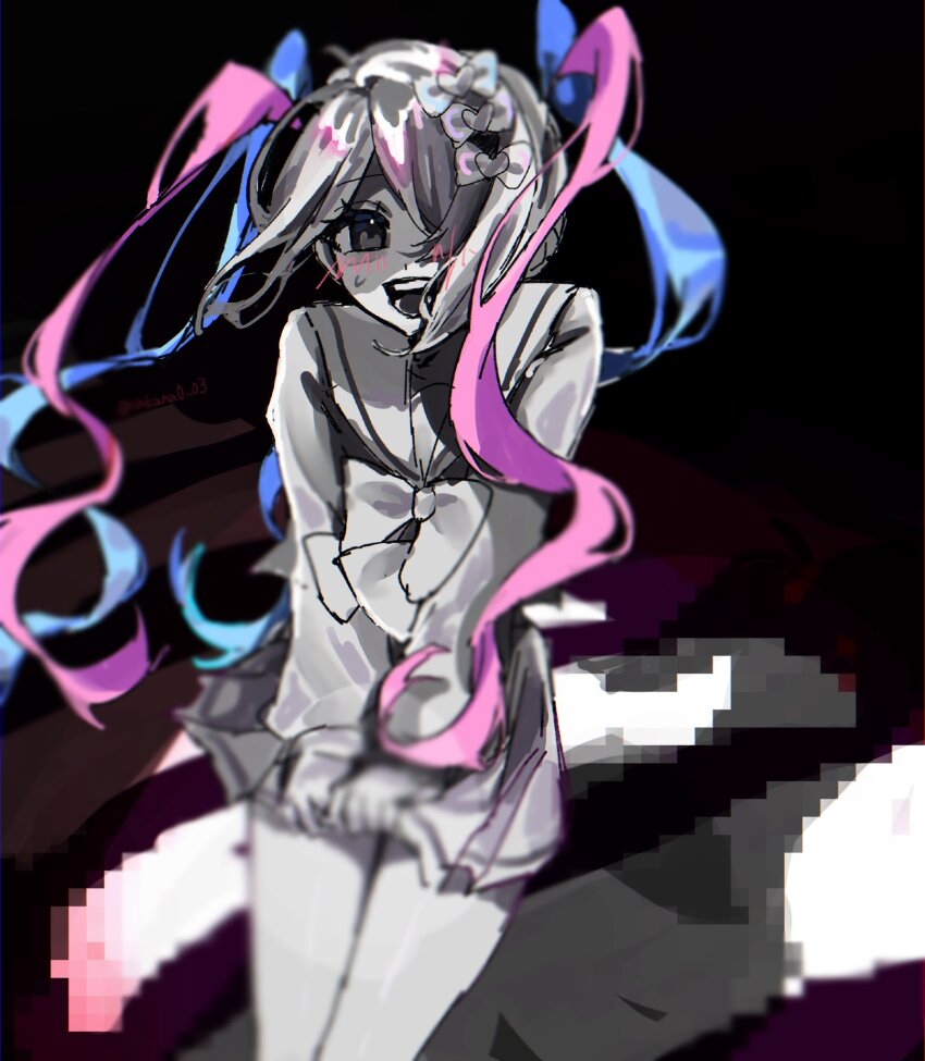 1girl, blue_hair, blush, bow, chouzetsusaikawa_tenshi-chan, commentary, cowboy_shot, hair_bow