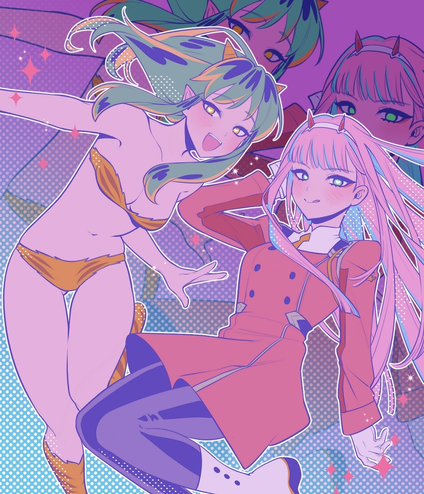 2girls, afterimage, animal_print, arm_behind_head, bikini, black_pants, boots, breasts