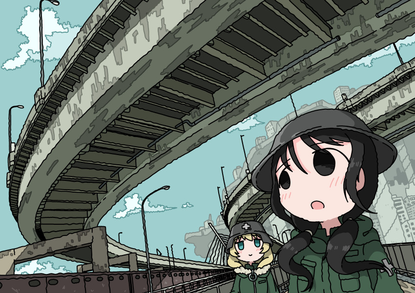 2girls, :>, :c, absurdres, black_eyes, blonde_hair, blue_eyes, blue_sky, blush, building, chito_(shoujo_shuumatsu_ryokou), cityscape, cloud, combat_helmet, day, dutch_angle, emesan_desu, foreshortening, fur-trimmed_jacket, fur_trim, green_jacket, hair_between_eyes, hair_over_shoulder, helmet, highres, hood, hood_down, hooded_jacket, jacket, jitome, lamppost, looking_at_another, looking_back, low_twintails, multiple_girls, open_mouth, outdoors, overpass, shoujo_shuumatsu_ryokou, sidelocks, sky, twintails, upper_body, yuuri_(shoujo_shuumatsu_ryokou)