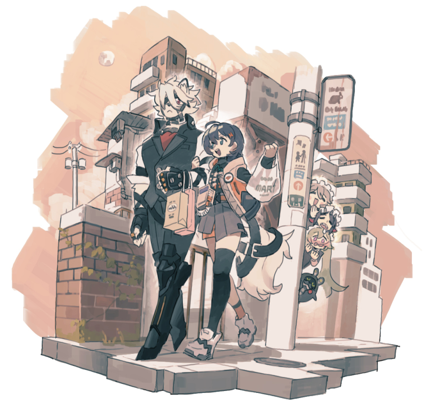 1boy, 4girls, :<, :d, alexandrina_sebastiane, animal_ear_fluff, animal_ears, arm_belt