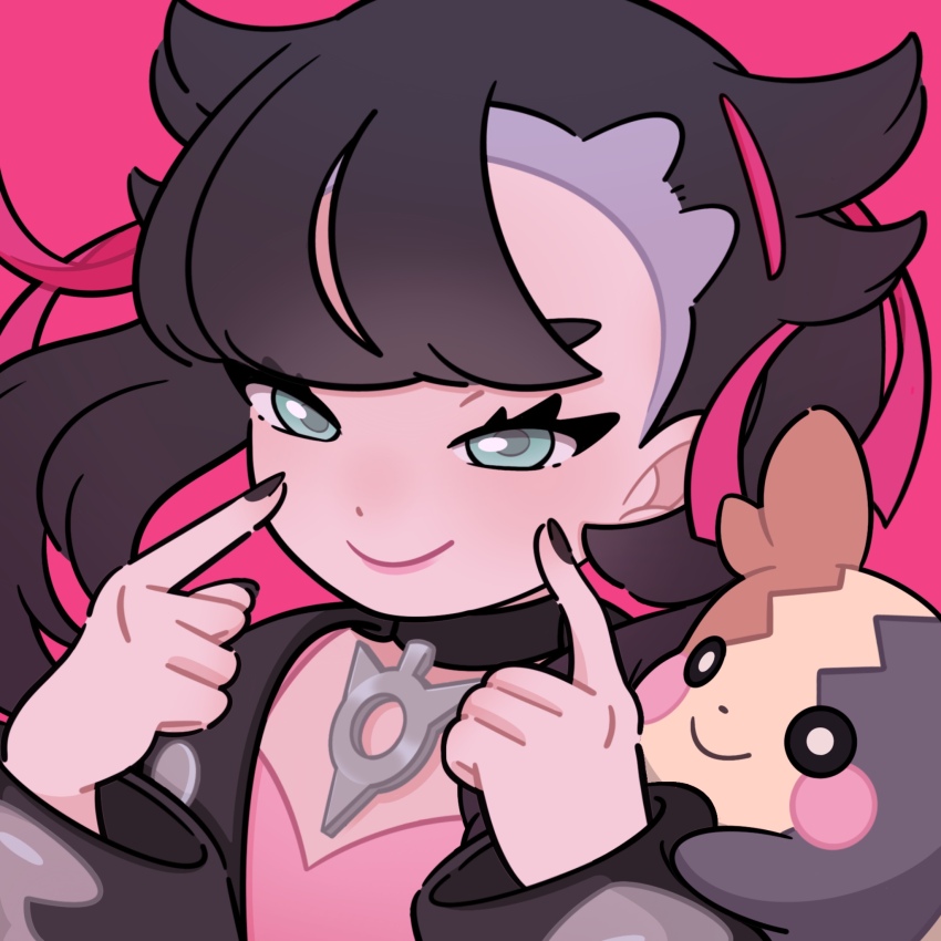 1girl, black_nails, closed_mouth, commentary_request, dress, eyelashes, fingersmile, gen_8_pokemon, green_eyes, hair_ribbon, hands_up, highres, jacket, long_sleeves, marnie_(pokemon), morpeko, morpeko_(full), nail_polish, natsumari_hanabi, nintendo, on_shoulder, pink_background, pink_dress, pink_ribbon, pokemon, pokemon_(creature), pokemon_on_shoulder, pokemon_sword_and_shield, ribbon, smile, upper_body