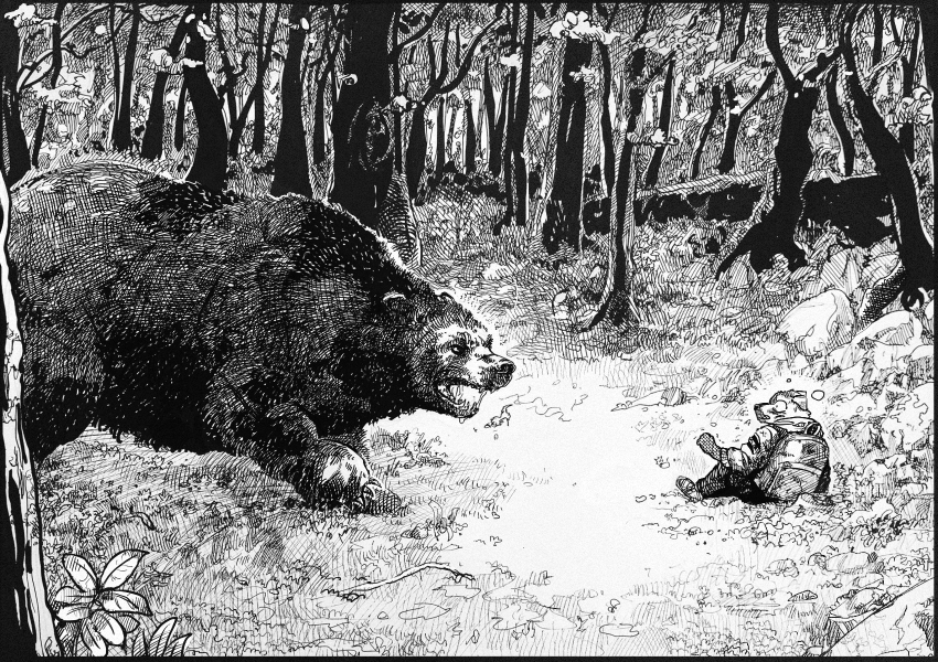 1boy, animal, animal_ears, backpack, bag, bear, black_pants, claws