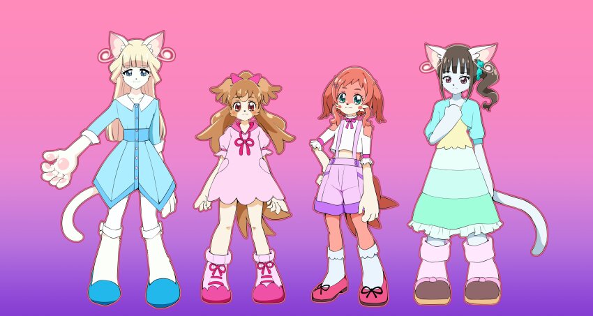 4girls, @est@, absurdres, animal_ears, aqua_jacket, aqua_scrunchie, arms_behind_back, bare_legs