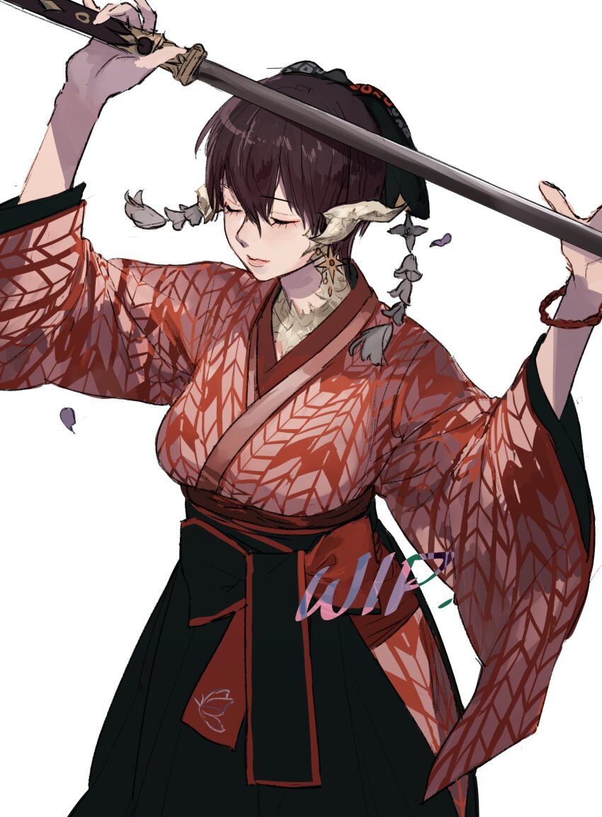 1girl, arms_up, au_ra, black_sash, bracelet, closed_eyes, commentary, dragon_girl