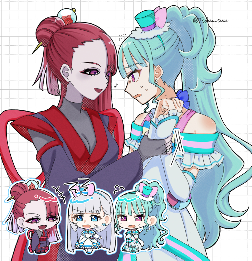 3girls, aqua_hair, arm_warmers, artist_name, black_gloves, black_kimono, blue_choker, blue_eyes