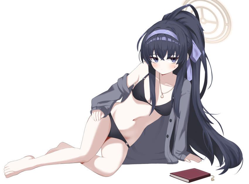 1girl, absurdres, bikini, black_bikini, black_hair, blue_archive, blue_eyes, blue_hairband