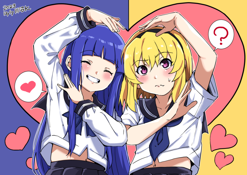 2girls, ?, black_skirt, blonde_hair, blue_background, blue_hair, blue_scarf, blush