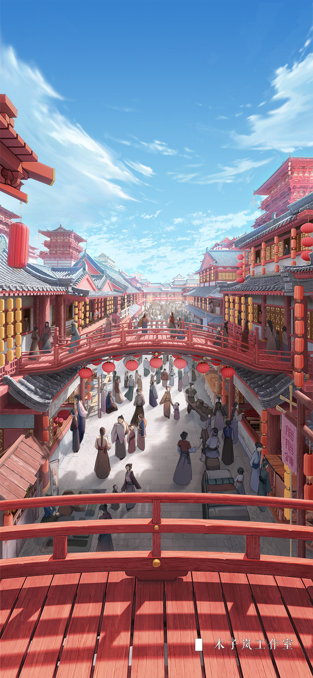 architecture, artist_name, blue_sky, bridge, chang'an, chinese_clothes, cloud, cloudy_sky, crowd, day, east_asian_architecture, highres, moonslanstudio, original, outdoors, people, scenery, sky, wooden_bridge