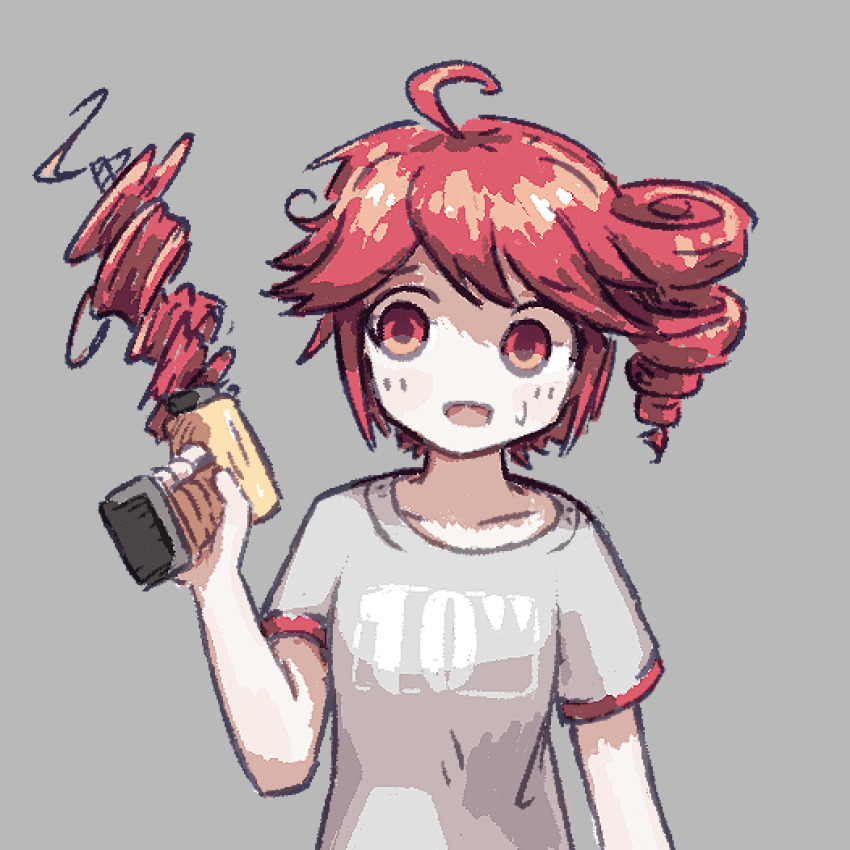 1girl, ahoge, drill, drill_hair, grey_background, grey_shirt, hair_focus, hand_up