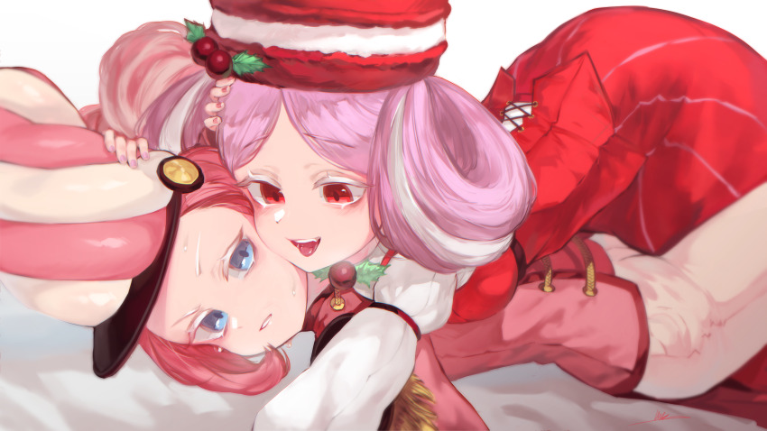 2girls, absurdres, berry, blue_eyes, breasts, coat, commentary_request, conductor