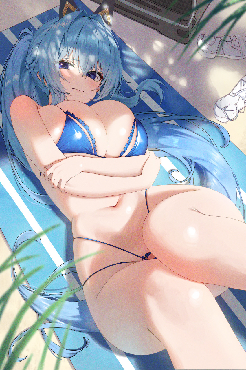 1girl, absurdres, animal_ears, arms_under_breasts, bare_arms, bare_legs, bare_shoulders, beach_towel, bikini, blue_bikini, blue_eyes, blue_hair, blurry, blurry_foreground, blush, braid, breasts, cleavage, closed_mouth, commentary, day, fake_animal_ears, feet_out_of_frame, film_grain, frilled_bikini, frills, from_above, goddess_of_victory:_nikke, hair_between_eyes, hair_intakes, half_up_braid, helm_(aqua_marine)_(nikke), helm_(nikke), high_ponytail, highleg, highleg_bikini, highres, knee_up, large_breasts, leg_up, long_hair, looking_at_viewer, lying, multi-strapped_bikini_bottom, navel, nikku_nana, official_alternate_costume, on_back, on_ground, outdoors, ponytail, raised_eyebrows, sand, sandals, shade, skindentation, solo, stomach, string_bikini, sweatdrop, swimsuit, untranslatable_commentary, towel, tree_shade, unworn_sandals, very_long_hair, wavy_mouth, white_sandals