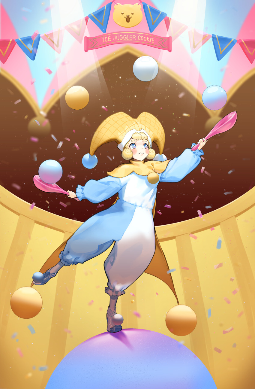 1girl, absurdres, balancing, ball, blonde_hair, blue_eyes, blue_shoes, blush, character_name, circus, commentary, confetti, cookie_run, cookie_run:_ovenbreak, full_body, hat, highres, ice_juggler_cookie, jester, jester_cap, juggling, long_sleeves, nougat_swamp, shoes, short_hair, solo, standing, white_shoes, yellow_bear_jelly