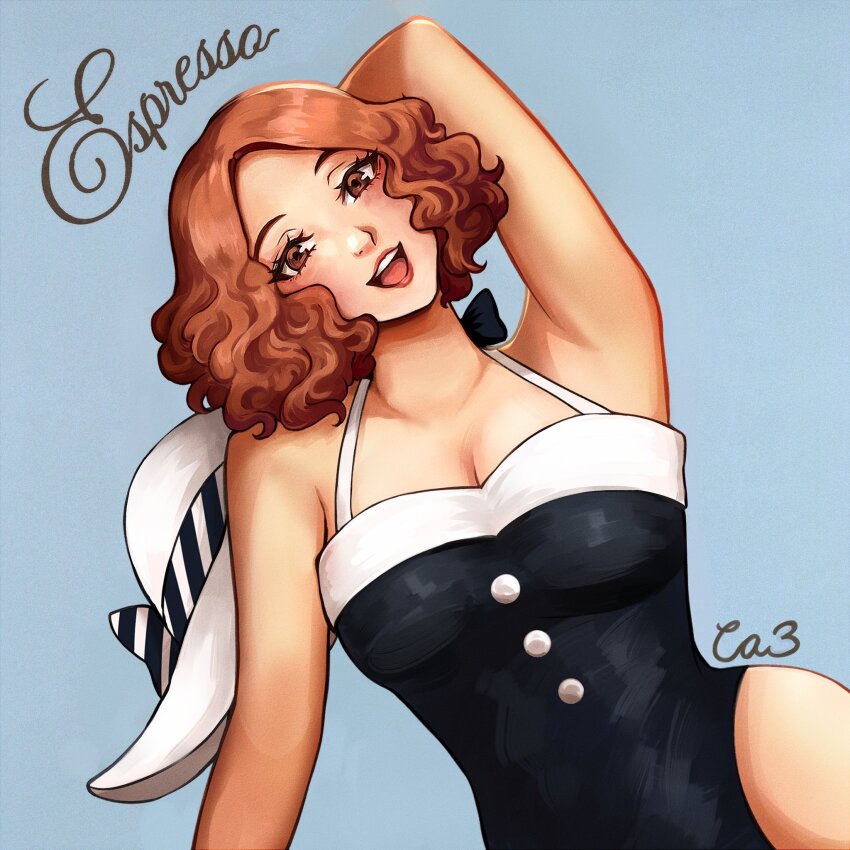 1girl, black_one-piece_swimsuit, breasts, cleavage, crazyanime3, hat, highres, okumura_haru