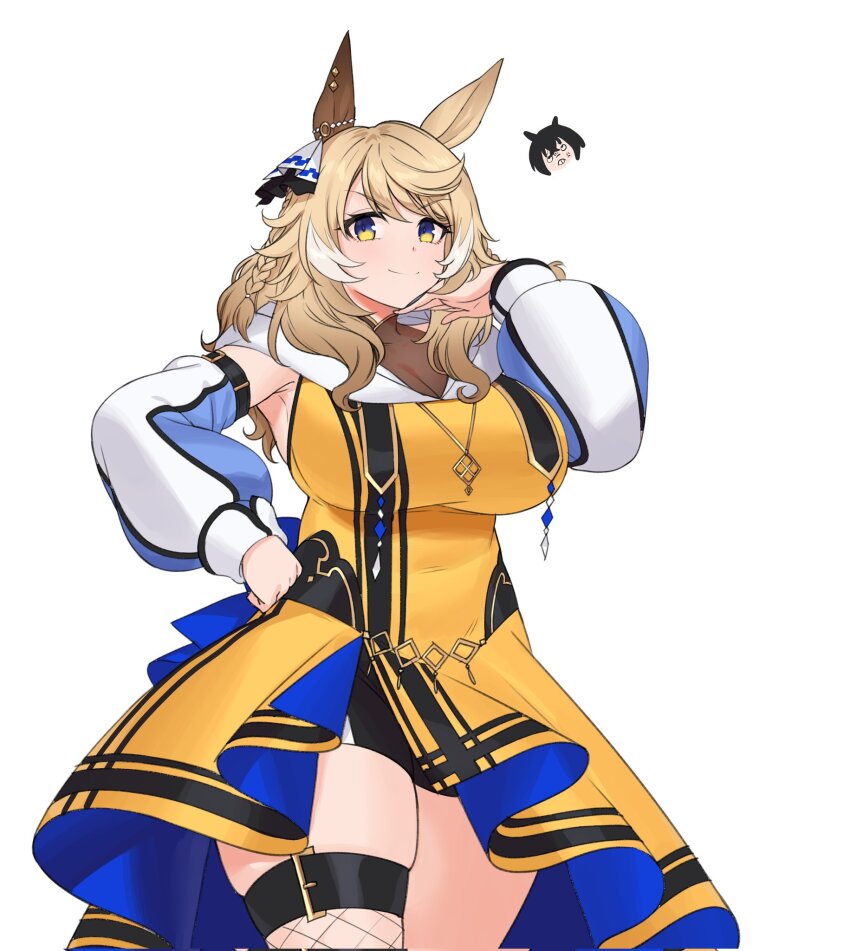 2girls, animal_ears, arm_belt, armpits, asymmetrical_ears, belt, black_hair, blonde_hair