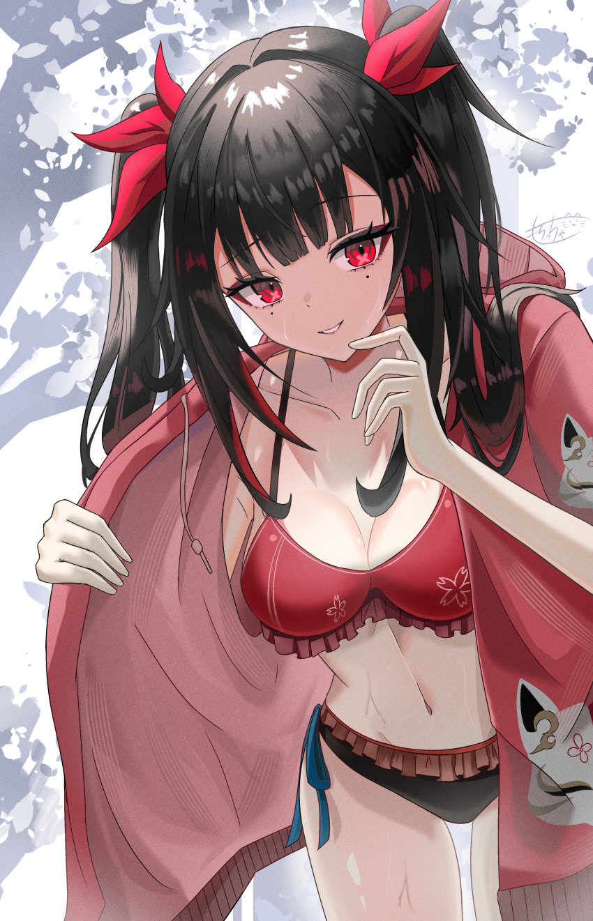 1girl, absurdres, alternate_costume, bikini, black_bikini, black_hair, breasts, cleavage